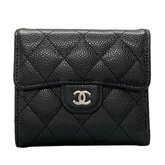 Auth CHANEL Matelasse/Classic Small Flap Wallet A82288 Black Grained Calfskin - Picture 1 of 11